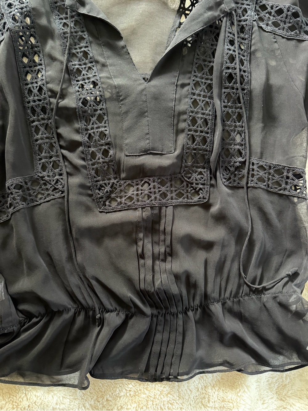 Daniel Rainn Black Lace Trim Sheer Boho Blouse Medium - Picture 6 of 8